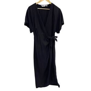 & Other Stories Short Sleeve Wrap Midi Dress black Women's 6 V-Neck Linen Blend